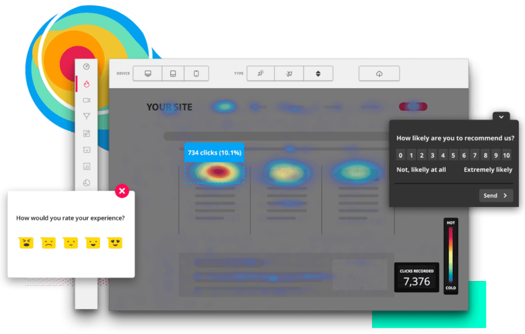 Image of a screen showing heat maps where activity has taken place on the page, along with questions asking the user to rate their experience on the page